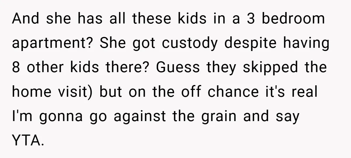 And she has all these kids in a 3 bedroom apartment? She got custody despite having 8 other kids there? Guess they skipped the home visit) but on the off...