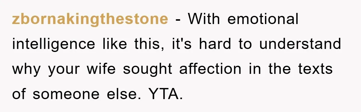 zbornakingthestone − With emotional intelligence like this, it's hard to understand why your wife sought affection in the texts of someone else. YTA.