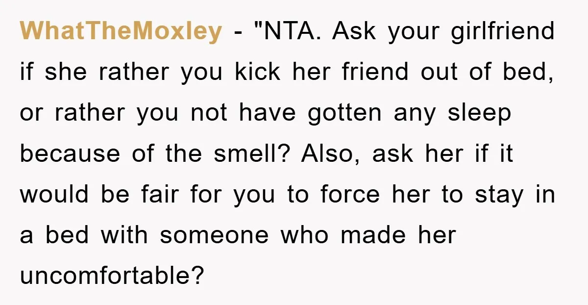 WhatTheMoxley - "NTA. Ask your girlfriend if she rather you kick her friend out of bed, or rather you not have gotten any sleep because of the smell? Also, ask...