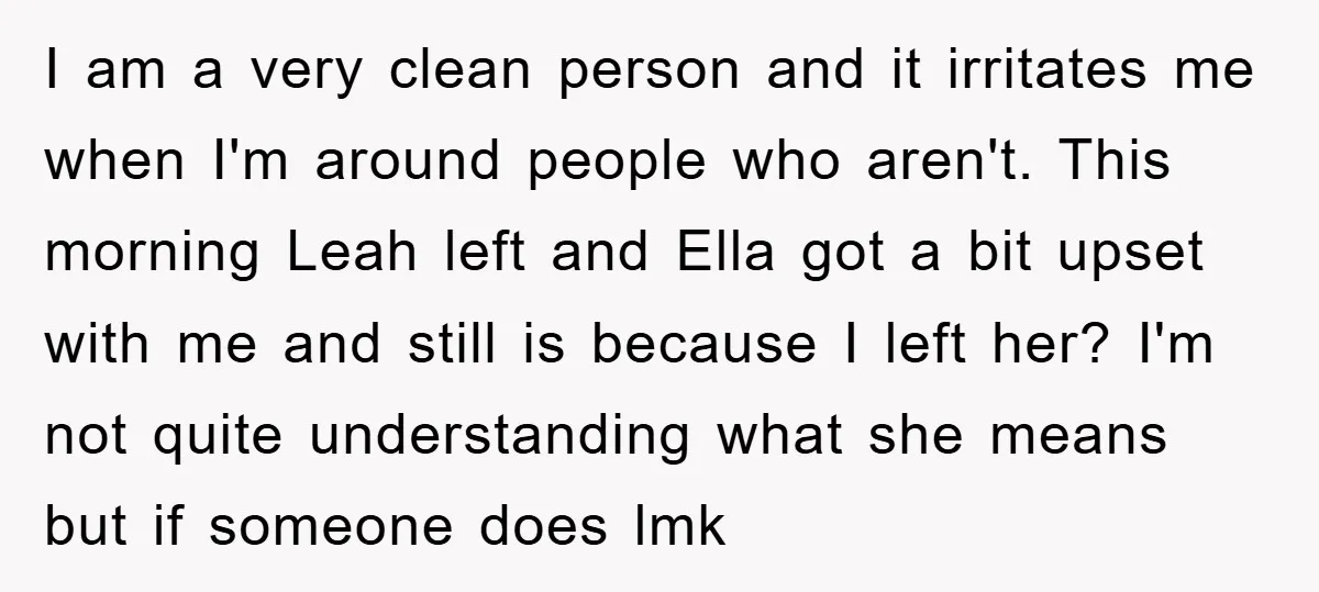 I am a very clean person and it irritates me when I'm around people who aren't. This morning Leah left and Ella got a bit upset with me and still...