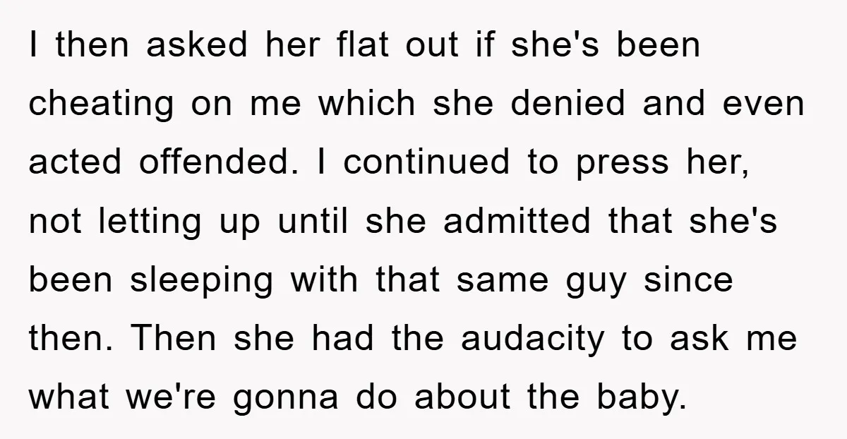 I then asked her flat out if she's been cheating on me which she denied and even acted offended. I continued to press her, not letting up until she admitted...
