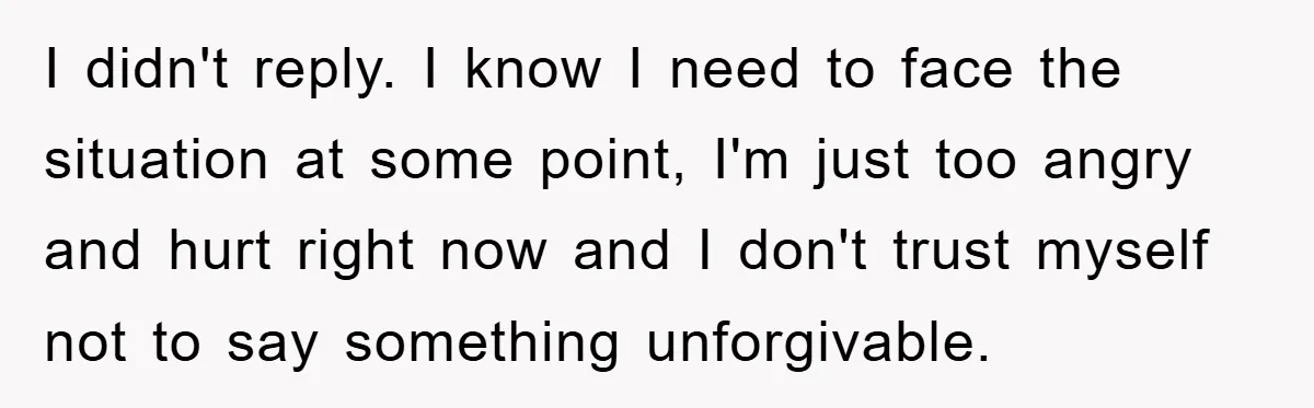 I didn't reply. I know I need to face the situation at some point, I'm just too angry and hurt right now and I don't trust myself not to say...