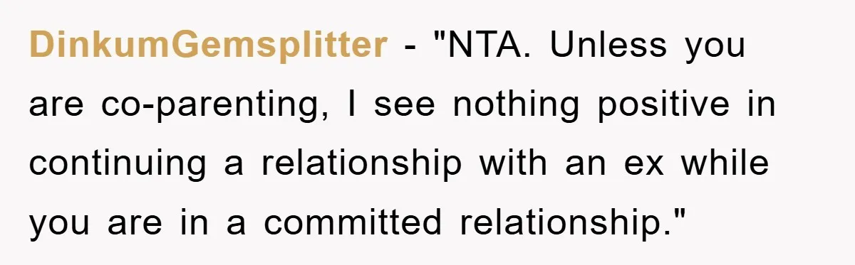 DinkumGemsplitter - "NTA. Unless you are co-parenting, I see nothing positive in continuing a relationship with an ex while you are in a committed relationship."