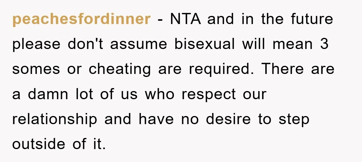 peachesfordinner − NTA and in the future please don't assume bisexual will mean 3 somes or cheating are required. There are a damn lot of us who respect our relationship...