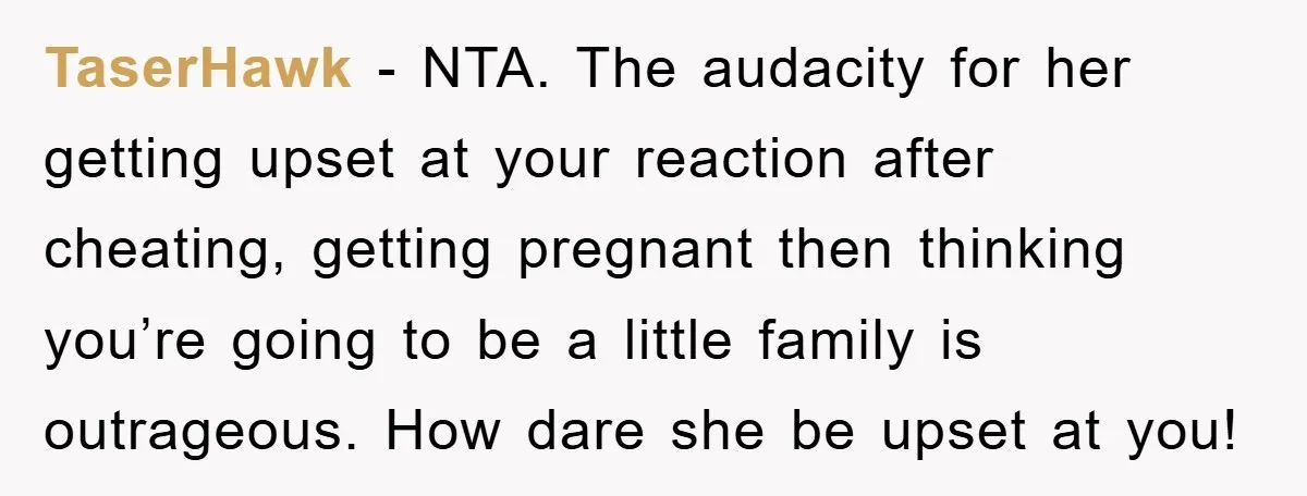 TaserHawk − NTA. The audacity for her getting upset at your reaction after cheating, getting pregnant then thinking you’re going to be a little family is outrageous. How dare she...