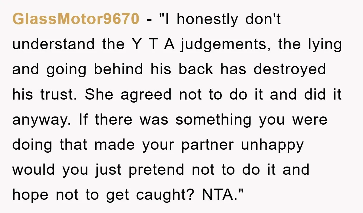 GlassMotor9670 - "I honestly don't understand the Y T A judgements, the lying and going behind his back has destroyed his trust. She agreed not to do it and did...