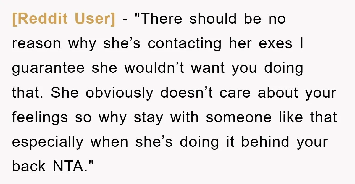 [Reddit User] - "There should be no reason why she’s contacting her exes I guarantee she wouldn’t want you doing that. She obviously doesn’t care about your feelings so why...