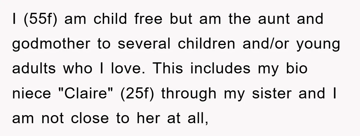 I (55f) am child free but am the aunt and godmother to several children and/or young adults who I love. This includes my bio niece "Claire" (25f) through my sister...