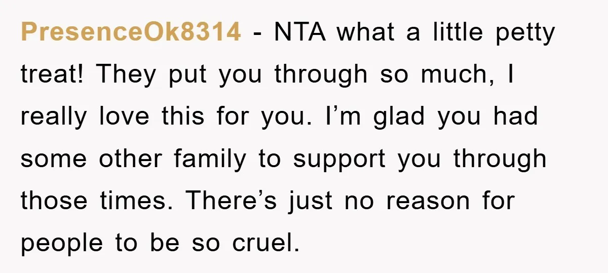 PresenceOk8314 − NTA what a little petty treat! They put you through so much, I really love this for you. I’m glad you had some other family to support you...