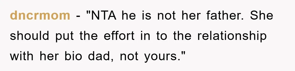 dncrmom - "NTA he is not her father. She should put the effort in to the relationship with her bio dad, not yours."