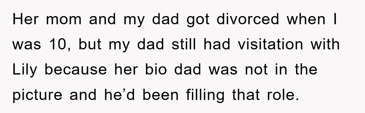 Her mom and my dad got divorced when I was 10, but my dad still had visitation with Lily because her bio dad was not in the picture and he’d...