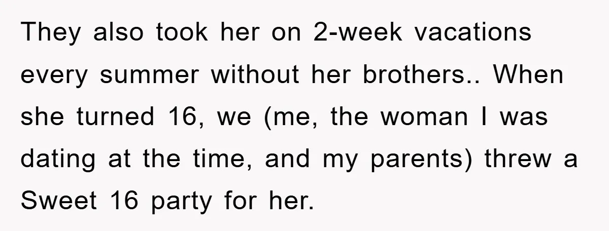 They also took her on 2-week vacations every summer without her brothers.. When she turned 16, we (me, the woman I was dating at the time, and my parents) threw...