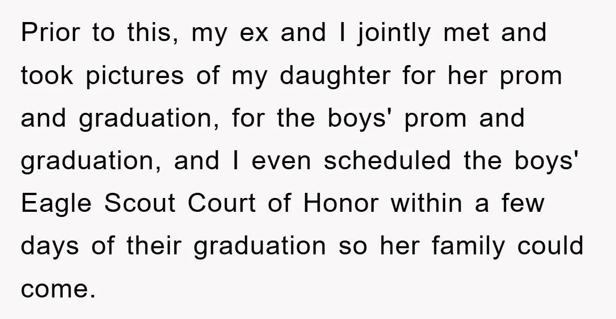Prior to this, my ex and I jointly met and took pictures of my daughter for her prom and graduation, for the boys' prom and graduation, and I even scheduled...