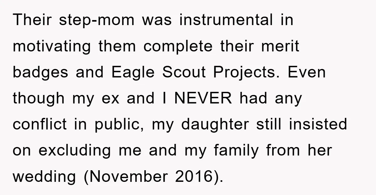 Their step-mom was instrumental in motivating them complete their merit badges and Eagle Scout Projects. Even though my ex and I NEVER had any conflict in public, my daughter still...