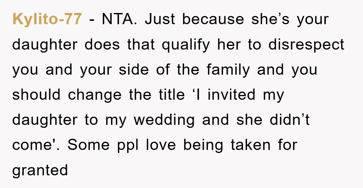 Kylito-77 − NTA. Just because she’s your daughter does that qualify her to disrespect you and your side of the family and you should change the title ‘I invited my...