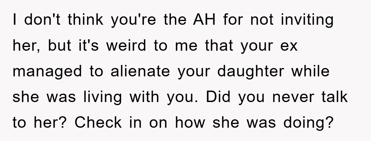 I don't think you're the AH for not inviting her, but it's weird to me that your ex managed to alienate your daughter while she was living with you. Did...