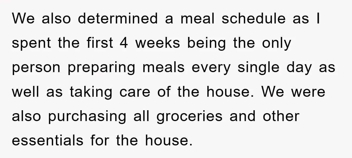 We also determined a meal schedule as I spent the first 4 weeks being the only person preparing meals every single day as well as taking care of the house....