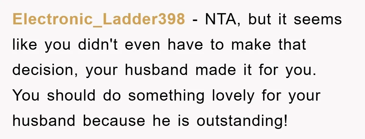 Electronic_Ladder398 − NTA, but it seems like you didn't even have to make that decision, your husband made it for you. You should do something lovely for your husband because...