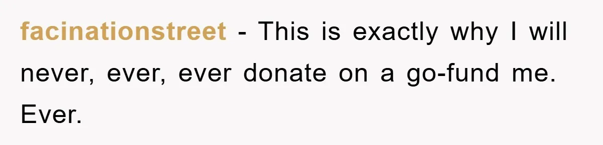 facinationstreet − This is exactly why I will never, ever, ever donate on a go-fund me. Ever.