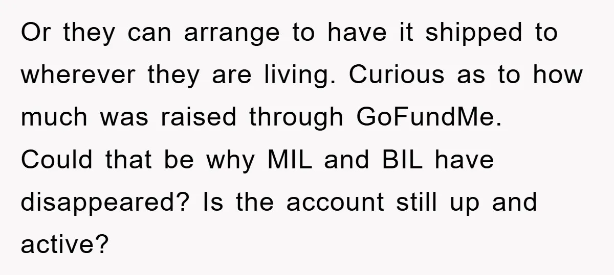 Or they can arrange to have it shipped to wherever they are living. Curious as to how much was raised through GoFundMe. Could that be why MIL and BIL have...
