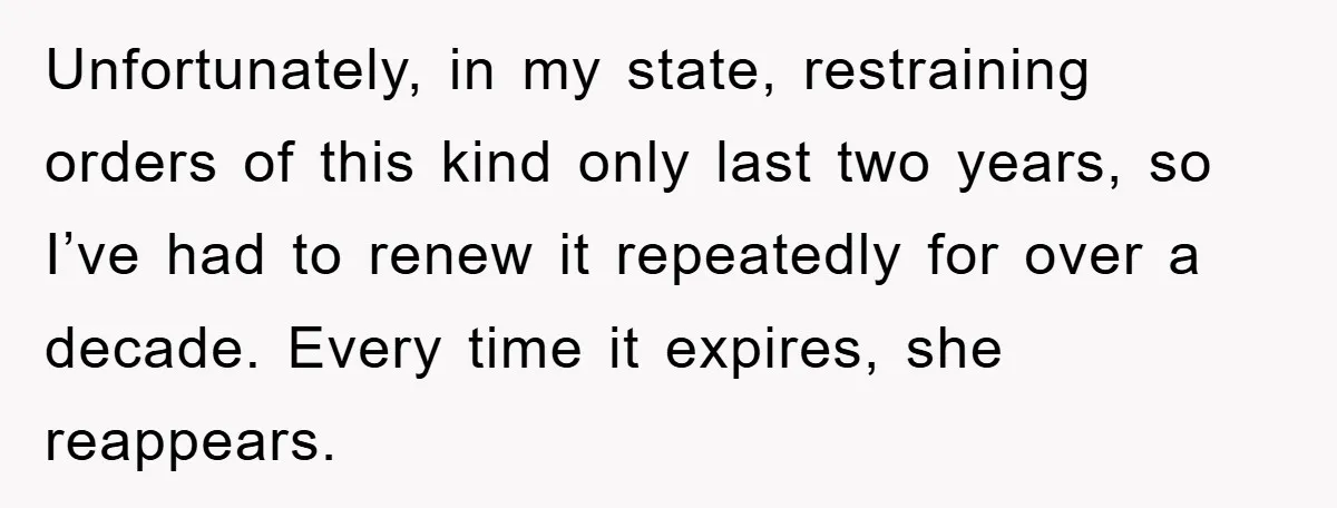 Unfortunately, in my state, restraining orders of this kind only last two years, so I’ve had to renew it repeatedly for over a decade. Every time it expires, she reappears.