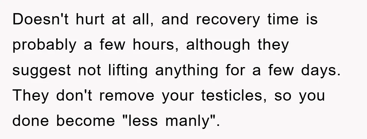 Doesn't hurt at all, and recovery time is probably a few hours, although they suggest not lifting anything for a few days. They don't remove your testicles, so you done...