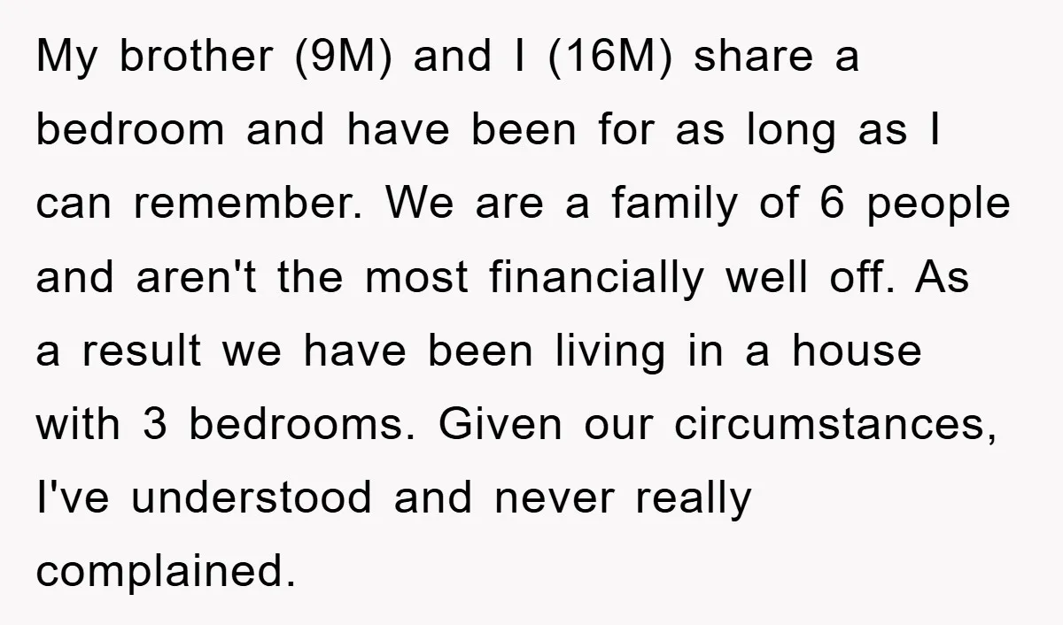 My brother (9M) and I (16M) share a bedroom and have been for as long as I can remember. We are a family of 6 people and aren't the most...