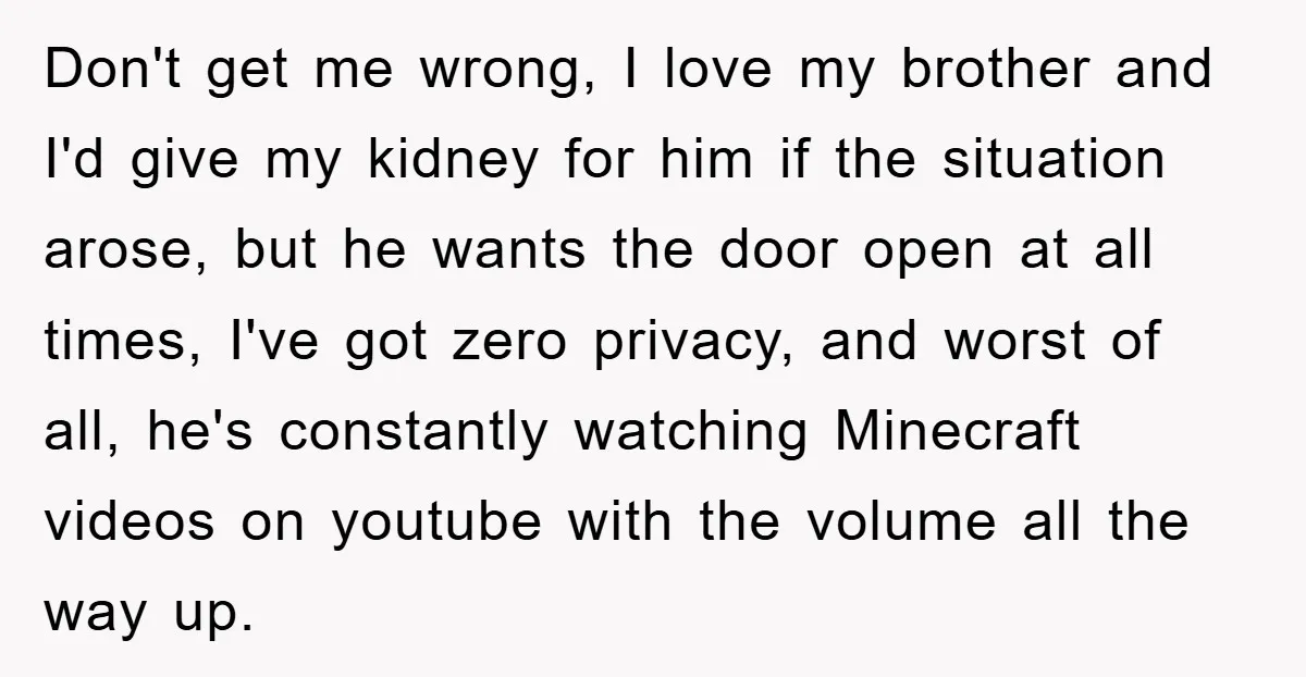 Don't get me wrong, I love my brother and I'd give my kidney for him if the situation arose, but he wants the door open at all times, I've got...
