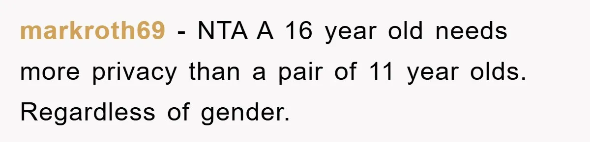 markroth69 − NTA A 16 year old needs more privacy than a pair of 11 year olds. Regardless of gender.