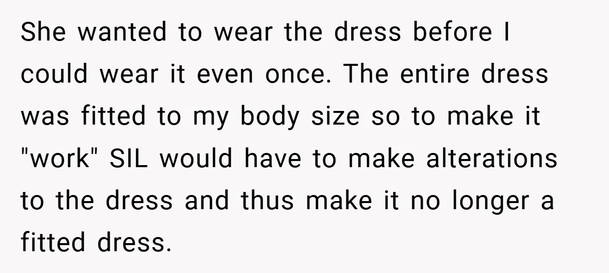 She wanted to wear the dress before I could wear it even once. The entire dress was fitted to my body size so to make it "work" SIL would have...