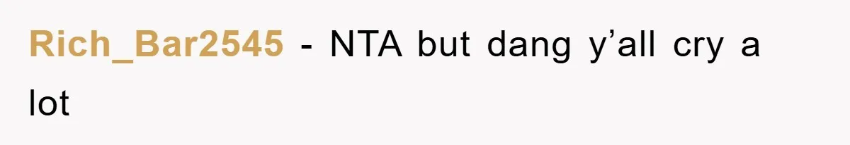 Rich_Bar2545 − NTA but dang y’all cry a lot