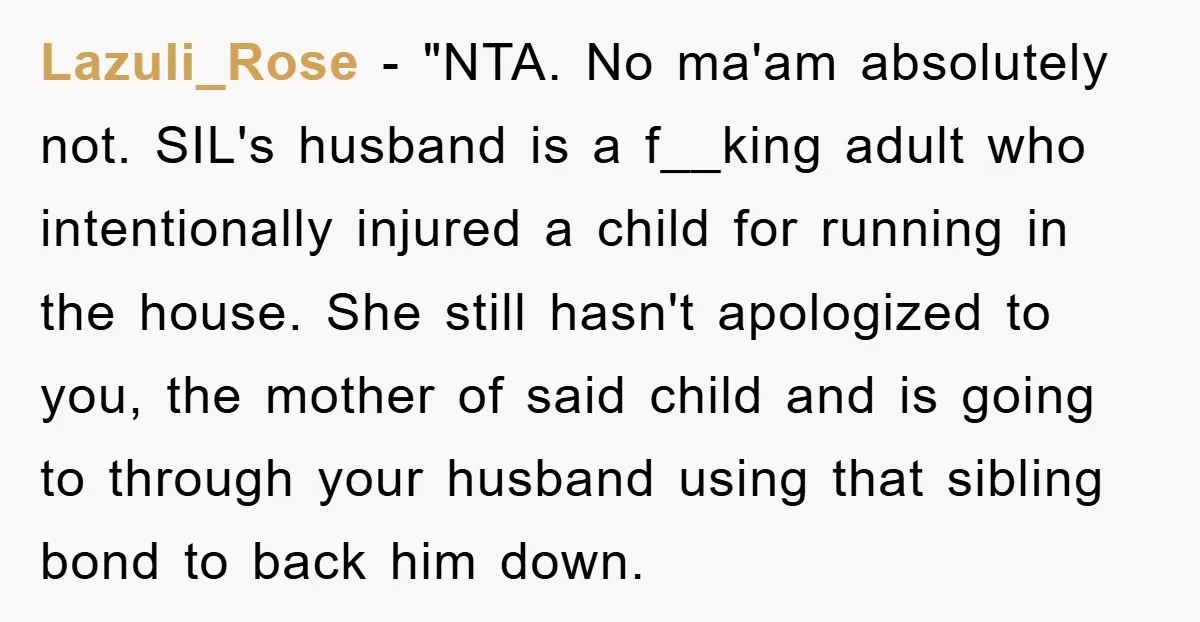 Lazuli_Rose - "NTA. No ma'am absolutely not. SIL's husband is a f__king adult who intentionally injured a child for running in the house. She still hasn't apologized to you, the...