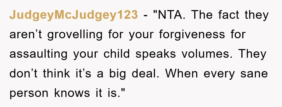 JudgeyMcJudgey123 - "NTA. The fact they aren’t grovelling for your forgiveness for assaulting your child speaks volumes. They don’t think it’s a big deal. When every sane person knows it...