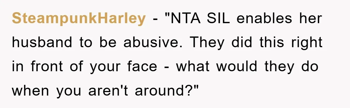 SteampunkHarley - "NTA SIL enables her husband to be abusive. They did this right in front of your face - what would they do when you aren't around?"