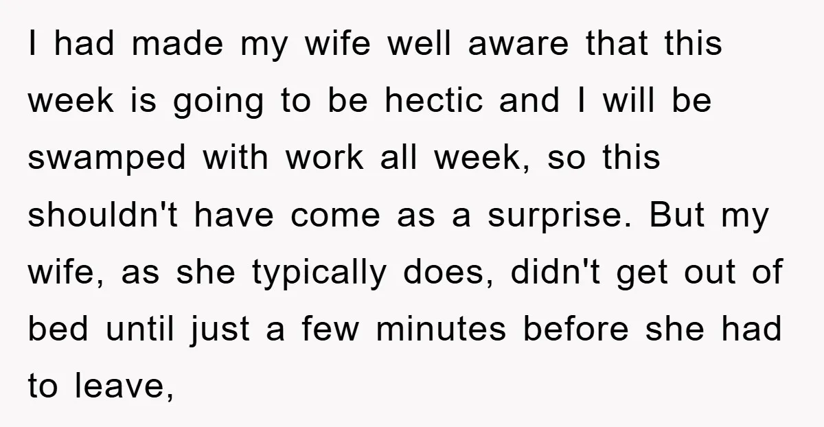 I had made my wife well aware that this week is going to be hectic and I will be swamped with work all week, so this shouldn't have come as...