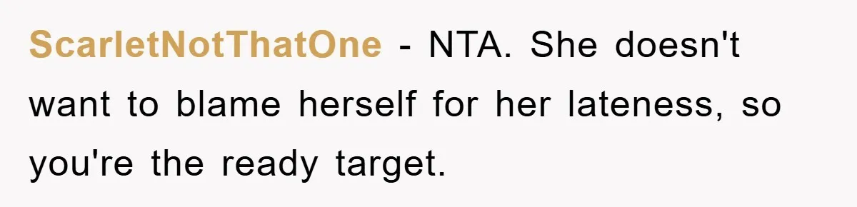 ScarletNotThatOne − NTA. She doesn't want to blame herself for her lateness, so you're the ready target.