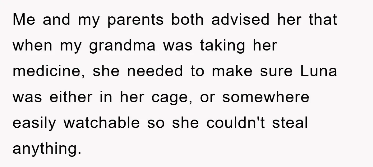 Me and my parents both advised her that when my grandma was taking her medicine, she needed to make sure Luna was either in her cage, or somewhere easily watchable...