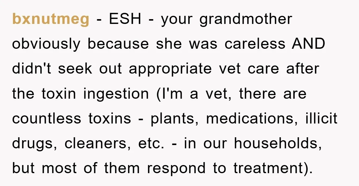 bxnutmeg − ESH - your grandmother obviously because she was careless AND didn't seek out appropriate vet care after the toxin ingestion (I'm a vet, there are countless toxins -...