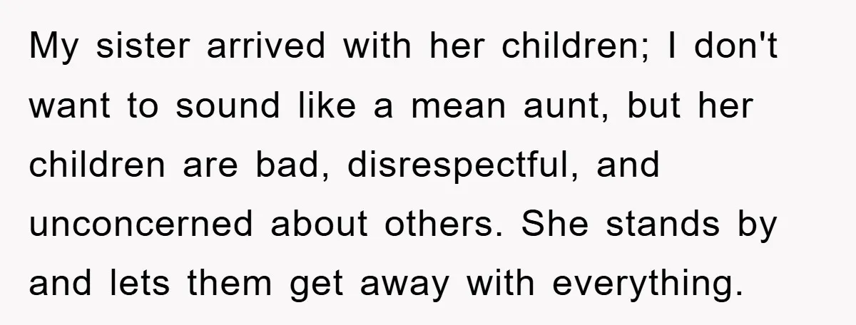 My sister arrived with her children; I don't want to sound like a mean aunt, but her children are bad, disrespectful, and unconcerned about others. She stands by and lets...