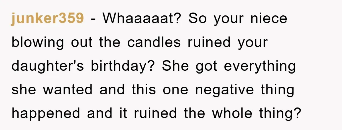 junker359 − Whaaaaat? So your niece blowing out the candles ruined your daughter's birthday? She got everything she wanted and this one negative thing happened and it ruined the whole...