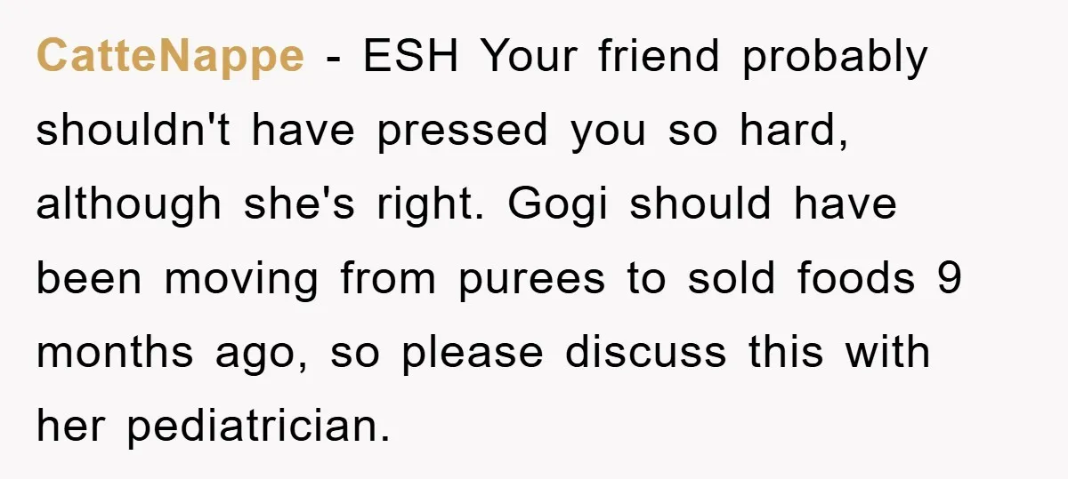 CatteNappe − ESH Your friend probably shouldn't have pressed you so hard, although she's right. Gogi should have been moving from purees to sold foods 9 months ago, so please...