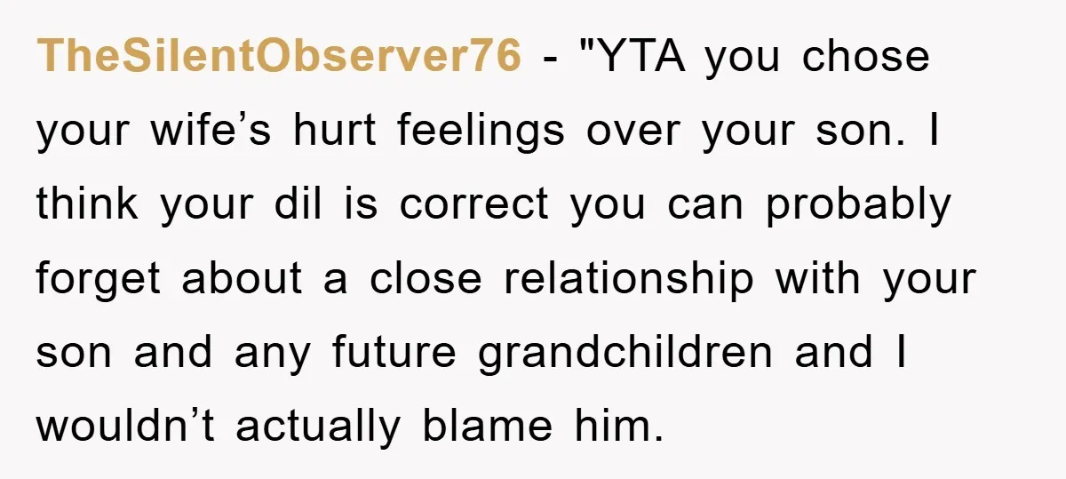 TheSilentObserver76 - "YTA you chose your wife’s hurt feelings over your son. I think your dil is correct you can probably forget about a close relationship with your son and...