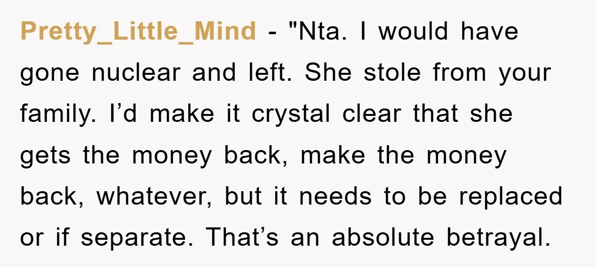 Pretty_Little_Mind - "Nta. I would have gone nuclear and left. She stole from your family. I’d make it crystal clear that she gets the money back, make the money back,...
