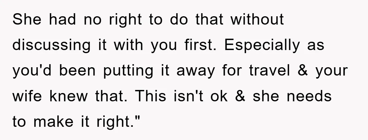 She had no right to do that without discussing it with you first. Especially as you'd been putting it away for travel & your wife knew that. This isn't ok...
