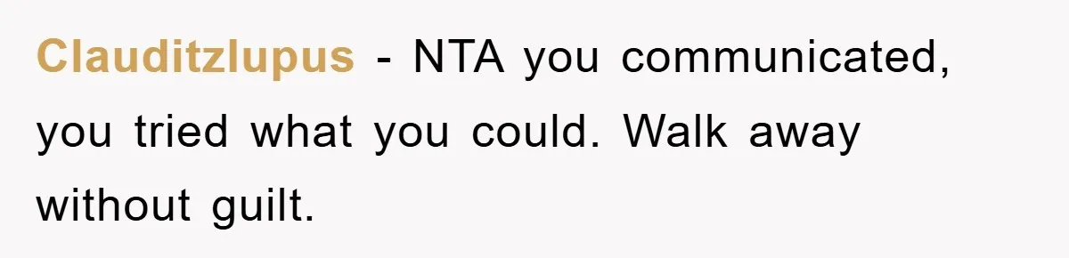 Clauditzlupus − NTA you communicated, you tried what you could. Walk away without guilt.