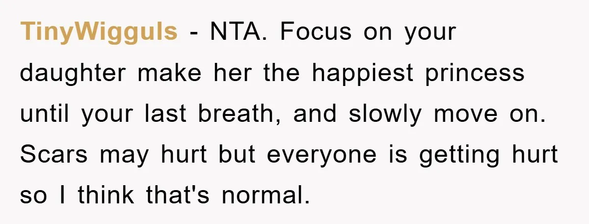 TinyWigguls − NTA. Focus on your daughter make her the happiest princess until your last breath, and slowly move on. Scars may hurt but everyone is getting hurt so I...