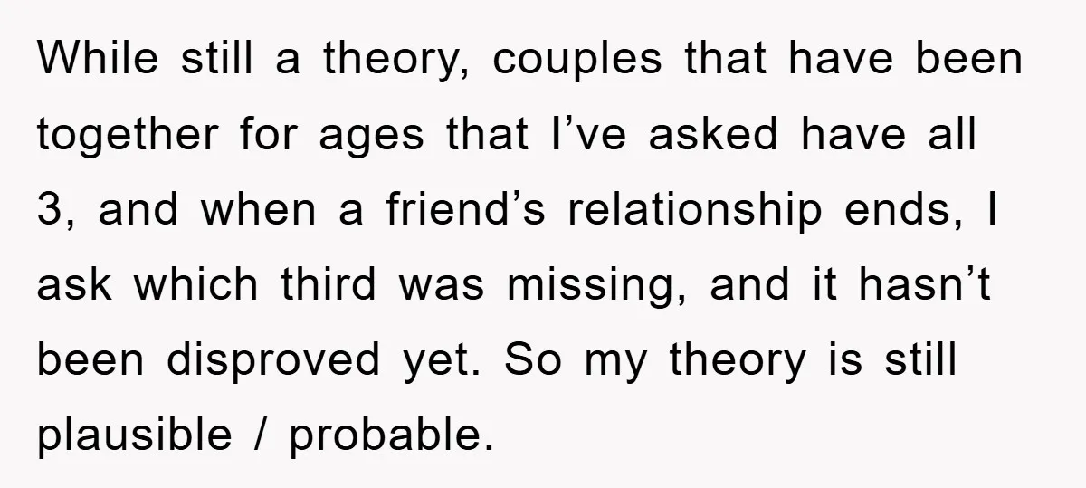 While still a theory, couples that have been together for ages that I’ve asked have all 3, and when a friend’s relationship ends, I ask which third was missing, and...