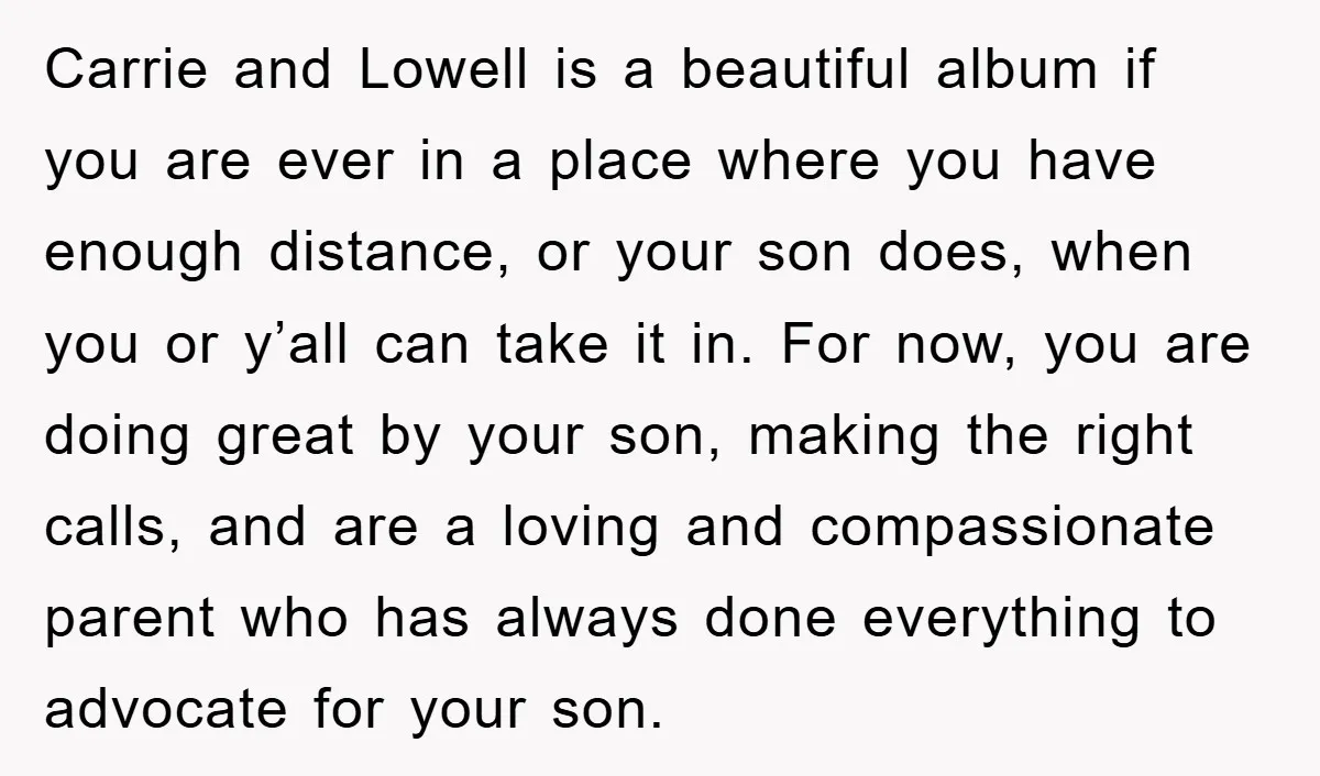 Carrie and Lowell is a beautiful album if you are ever in a place where you have enough distance, or your son does, when you or y’all can take it...