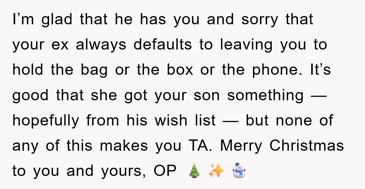 I’m glad that he has you and sorry that your ex always defaults to leaving you to hold the bag or the box or the phone. It’s good that she...