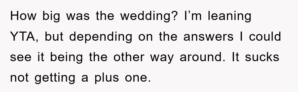 How big was the wedding? I’m leaning YTA, but depending on the answers I could see it being the other way around. It sucks not getting a plus one.